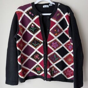 Vintage Black and Purple Cardigan with Floral Accents
